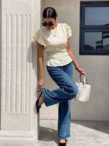 Siren Gaze 女式休闲纯色盖袖收腰衬衫，夏季