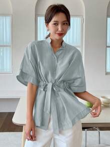 Dazy-Less 女士夏季优雅休闲收腰雪纺短袖衬衫，商务休闲女装，教师学院风上衣 - 霧霾藍 - 查看 2