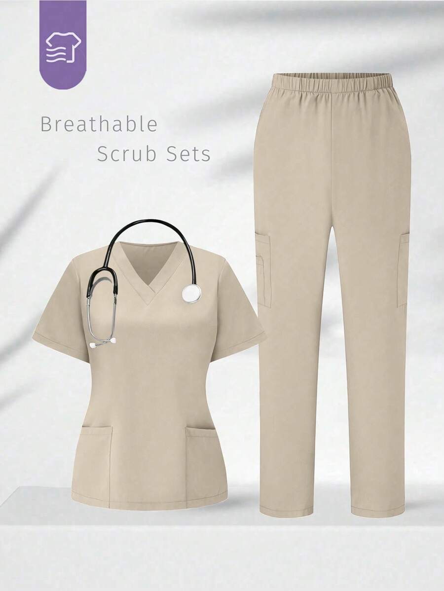 TaskEZ Solid Color Short Sleeve Top And Long Pants, Nursing Scrub Uniform Set