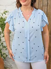 SHEIN PETITE CURVE Plus Size Casual Notched Neck Heart Print Short Sleeve Shirt - Multicolor - View 4