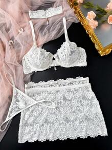 SHEIN 4pcs Classic Sexy White Lace Mini Skirt Set With Pendant Necklace & Lingerie - White - View 4