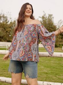 LanaWest Damen Große Größen Bluse mit Off-Shoulder, weitem, schmeichelhaftem asymmetrischem Ditsy Blumenmuster - Verschiedenfarbig - Übersicht 6