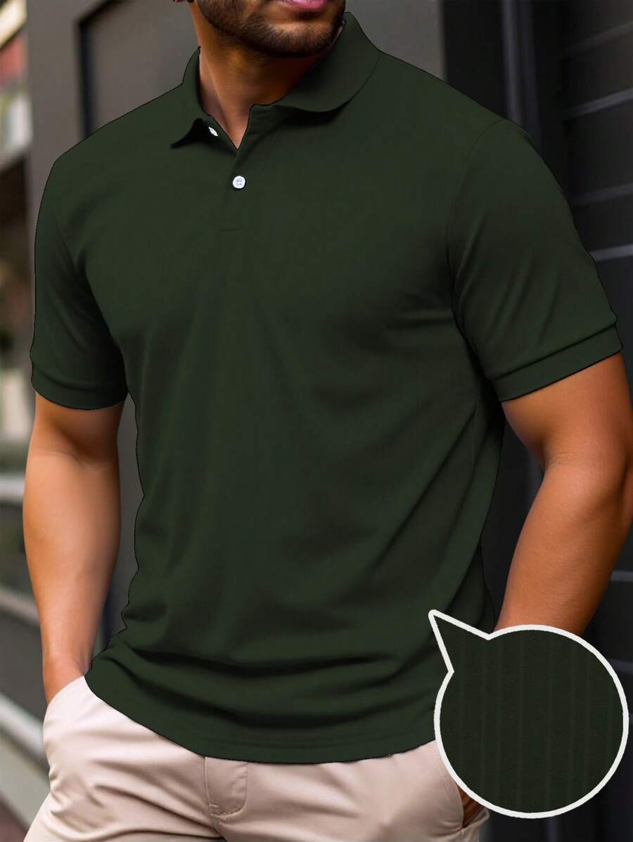 Manfinity Homme 大码男士纯色短袖 Polo 衫，夏季时尚 - 軍綠色 - 查看 1