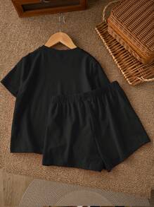 SHEIN Tween Girls Casual Simple Short Sleeve Shorts 2 Pieces Set, Suitable For Summer - Black - View 2