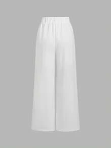 Sweetra Women's White Linen Button Down Relaxed Fit Straight Leg Pants, Flattering For Spring/Summer - White - View 2