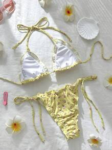 Swim Mod Swimwear Women Summer Random Floral Print Spaghetti Strap Ruffle Sexy Bikini Set - Yellow - View 2