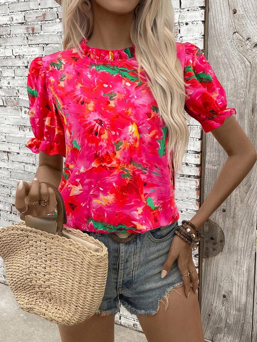 Flower Print Frill Trim Puff Sleeve Casual Shirt - Multicolor - View 1