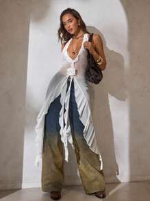 Aloruh 女士春夏新款纯白色无袖透视上衣，深V领荷叶边装饰宽松上衣，波西米亚风度假外套，适合夏季大道音乐节、锐舞音乐节、乡村音乐会等场合，透视上衣，西部风可爱夏季上衣，度假波西米亚风