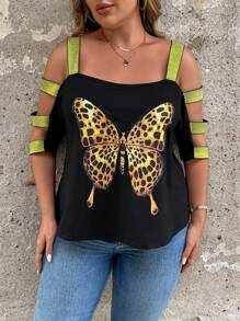 SHEIN LUNE Plus Size Leopard Print & Butterfly Hollow Out Band Black T-Shirt - Black - View 3