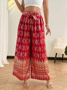 SHEIN Clasi Plus Size Women Elegant Golden Foil Geometric Print Wide Leg Pants - Red - View 1