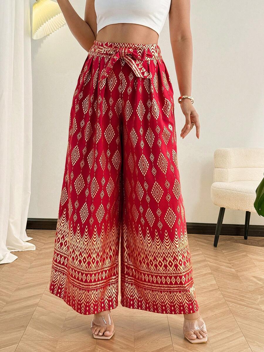 SHEIN Clasi Plus Size Women Elegant Golden Foil Geometric Print Wide Leg Pants - Red - View 1