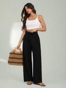 SHEIN Tall Double-Layered Wrinkle Cloth Distressed Washed Women's Long Pants - Black - View 4