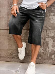 Manfinity Homme 男式宽松贴袋磨边休闲牛仔短裤 - 黑色 - 查看 5