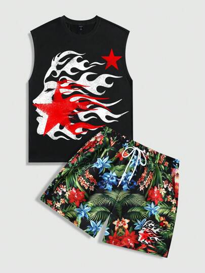 Street Life Men's Y2K Street-Style Graphic Print Tank Top And Shorts Set, Casual Wear For Spring/Summer