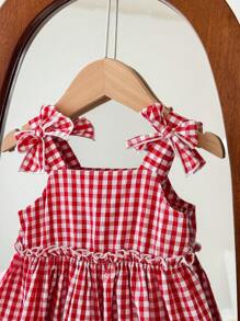 SHEIN LMoss Kids Babygirl 可爱夏日度假红白格子吊带背心裙 - 紅白色 - 查看 3