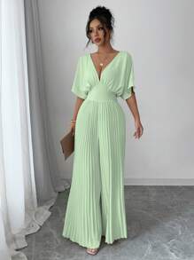 SHEIN PETITE 纯色深V领蝙蝠袖褶皱优雅女式连体裤 - 綠色 - 查看 4