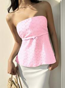 Vacation Solid Color Embroidered Bowknot Decor Cropped Tank Top - Pink - View 4
