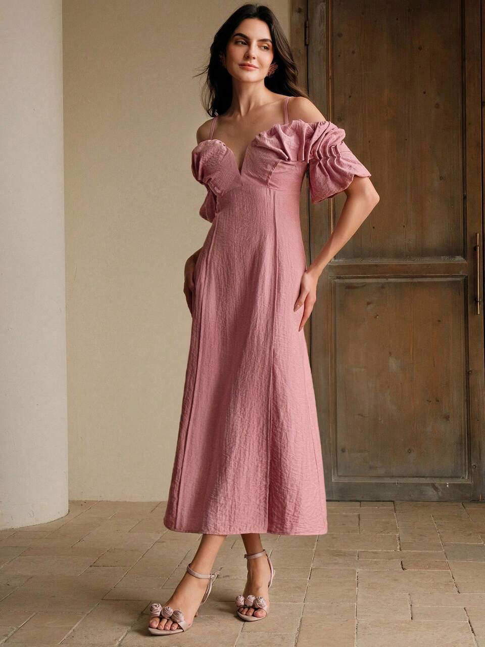 Anewsta Elaire Women's V-Neck Open Shoulder Pleated Elegant Mid-Length Camisole Dress