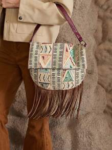 SHECARRY Women's Geometric Pattern Bohemian Style Tassel Hem Fashion Shoulder Bag