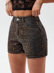 SHEIN PETITE Pantaloncini di jeans casual a gamba dritta con tasche, stampa leopardata, estivi - Multicolore - Visualizzare 5