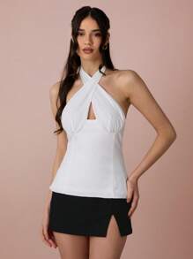 Enchnt 春夏浪漫女式白色露背交叉挂脖背心，性感优雅时尚，适合度假、约会、节日、派对、毕业典礼、婚礼宾客、海滩、音乐会节女士、复活节、女士夏季上衣、夏季 - 白色 - 查看 5