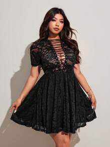 Viva Relle Valentine Lace-Up Deep V Sheer A-Line Sexy Women Dress - Black - View 4