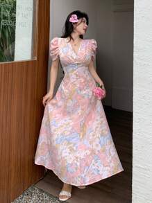 Modelyn 女式修身迷你连衣裙，交叉领、珍珠纽扣和泡泡袖 - 粉色 - 查看 6