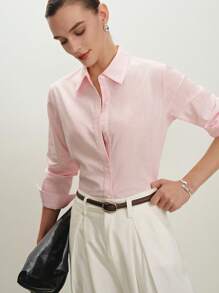 BizChic Women's Pink Classic Regular Shoulder Business Style Button-Down Long Sleeve Shirt, Suitable For Urban Commute, Office, And Casual Wear, Spring/Summer - Pink - View 3