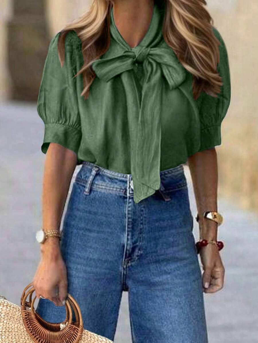 Calvaya Elegancka bluzka damska w kształcie litery H z bufiastymi rękawami i kokardą przy szyi w jednolitym kolorze - Zielony - Zobacz 1