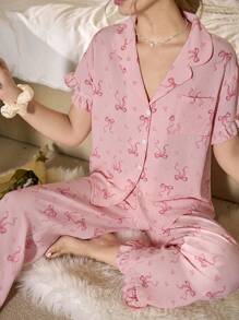 CottageSlumber Pink Bow Heart Print Ruffle Trim Short Sleeve Top And Pants Ladies Pajama Set Holiday Season - Dusty Pink - View 4