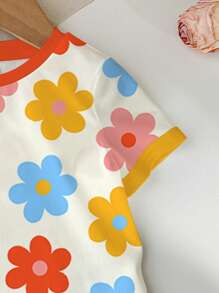 SHEIN Cute Floral Print, Baby Girl Casual Minimalist Short Sleeve Round Neck Top, Suitable For Summer - Multicolor - View 5