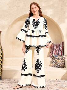 SHEIN Nastolatki Eid Al Adha, Ramadan, Święto Narodowe, Walentynki, Chinoiserie, Narodowe, Luźna koszula z nadrukiem kwiatowym i szerokie spodnie 2 sztuki - Morela - Zobacz 12