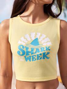 Shark Week X SHEIN 女士夏季休闲鲨鱼印花修身短款背心 - 黃色 - 查看 6