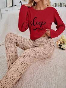 SHEIN Cottnline 100%纯棉两件套眼睛和心形印花睡衣套装 - 紅色 - 查看 5