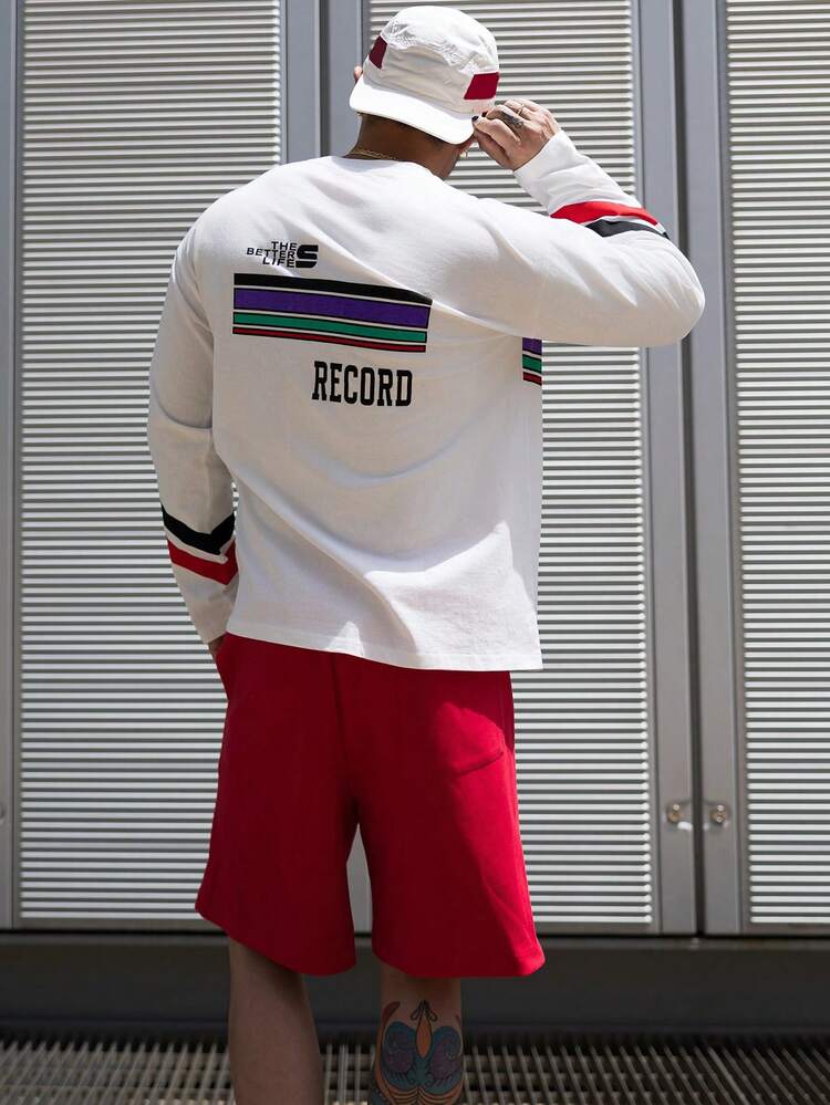 Summer Stripe & Multicolor Letter Print Racing Sports Casual Men T-Shirt Set