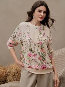 Anewsta Áo nỉ nữ thêu họa tiết hoa mỏng, áo dài tay thanh lịch và đa năng, tốt nghiệp, giáo viên, áo chui đầu trở lại trường mùa thu - Màu be - Xem 3