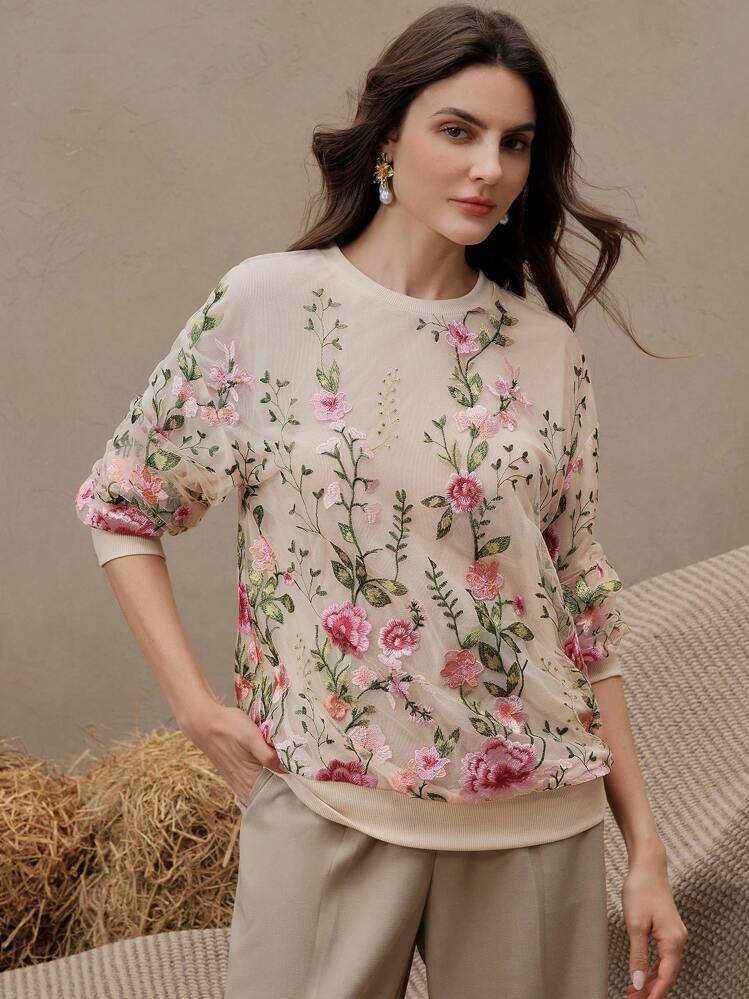 Anewsta Áo nỉ nữ thêu họa tiết hoa mỏng, áo dài tay thanh lịch và đa năng, tốt nghiệp, giáo viên, áo chui đầu trở lại trường mùa thu - Màu be - Xem 3