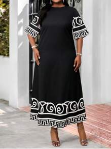 SHEIN Lady Große Größen Sommer Urlaubs Kleid mit Schwarz Muster für Frauen, Damen Große Größen lässiges, einfaches Kleid, geeignet als Sommerkleid, Osterkleider, Frauen Strandoutfits für Urlaub, Boho-Stil