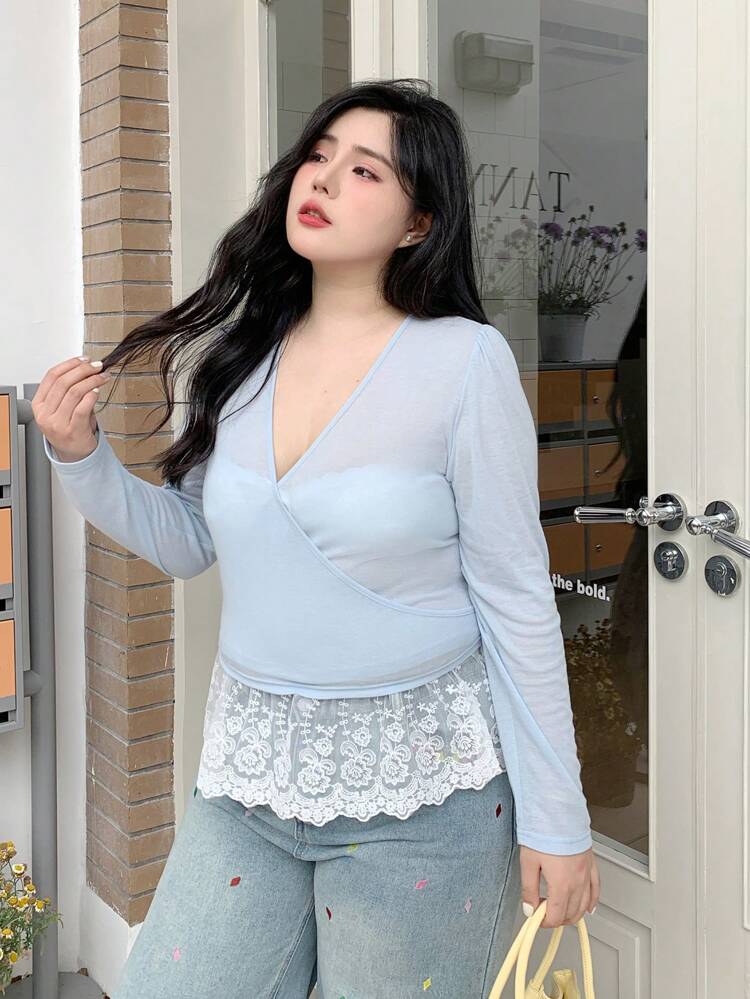 Dazy Plus Lightweight Knit Fabric V-Neck Long Sleeve T-Shirt With Lace Hem Details, Summer