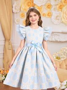 SHEIN 女童优雅梭织盖袖粉红玫瑰提花连衣裙，儿童欧式公主风格派对礼服，优雅少女女孩服装 - 淺藍色 - 查看 1