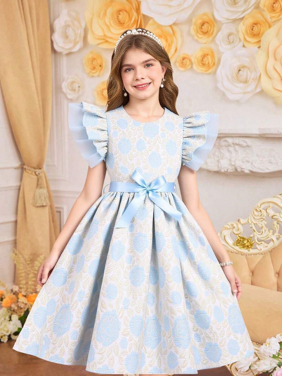 SHEIN 女童优雅梭织盖袖粉红玫瑰提花连衣裙，儿童欧式公主风格派对礼服，优雅少女女孩服装 - 淺藍色 - 查看 1