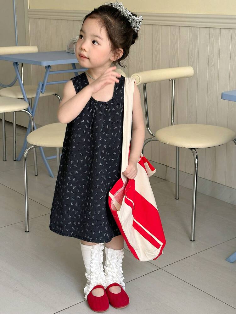 Young Girl' Casual Floral All-Over Print Loose Denim Dress, Round Neck,Girls Summer Outfits