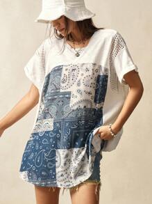 Bohemela Plus Size Women Summer Casual Vacation Patched Paisley Print Lace Patchwork Loose T-Shirt - Multicolor - View 3