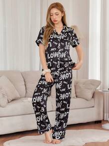 SHEIN 黑白仿丝字母印花翻领短袖睡衣套装（含裤子） - 黑與白 - 查看 5