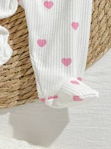 4pcs Set Newborn Soft Cozy White Textured Fabric Cute Heart Print Long Sleeve Romper, Pants, Headband, Baby Wrap Swaddle Sleepwear Set - White - View 7