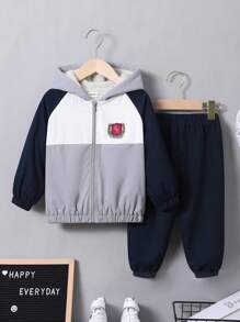 SHEIN Chico joven Cazadora con parche de letra de color combinado de manga raglán con capucha térmico con pantalones - Multicolor - Ver 3