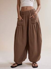 Easelle 2025年新款夏季女装波西米亚风度假风棕色梭织女式宽松双口袋阔腿裤 - 棕色 - 查看 5