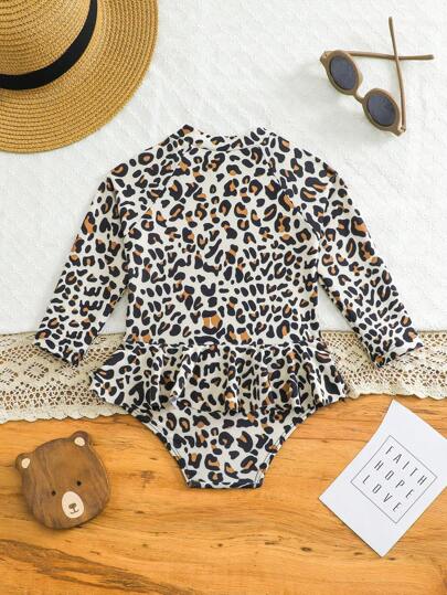 SHEIN Traje de baño de una pieza con volantes y estampado de leopardo lindo para bebé niña, adecuado para vacaciones en la playa