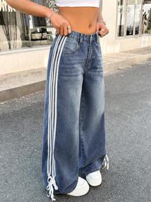 SHEIN 少女 Y2K 时尚条纹蝴蝶结宽松复古休闲斜口袋直筒牛仔裤，春夏假期 - 中等水洗藍 - 查看 3