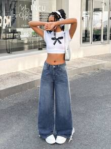 SHEIN 少女 Y2K 时尚条纹蝴蝶结宽松复古休闲斜口袋直筒牛仔裤，春夏假期 - 中等水洗藍 - 查看 5